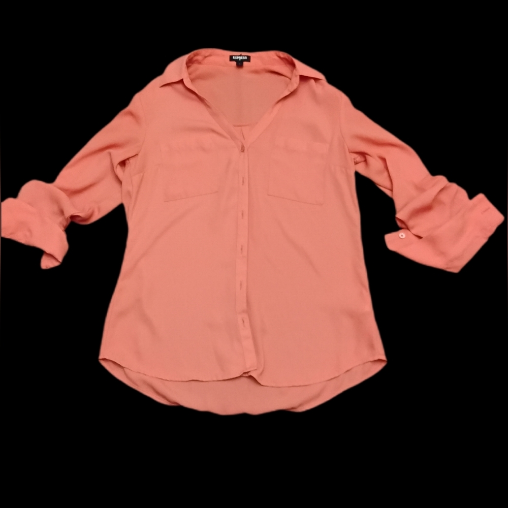 Express The Portofino Coral Long Sleeve Silk Like Blouse‎ Size Small